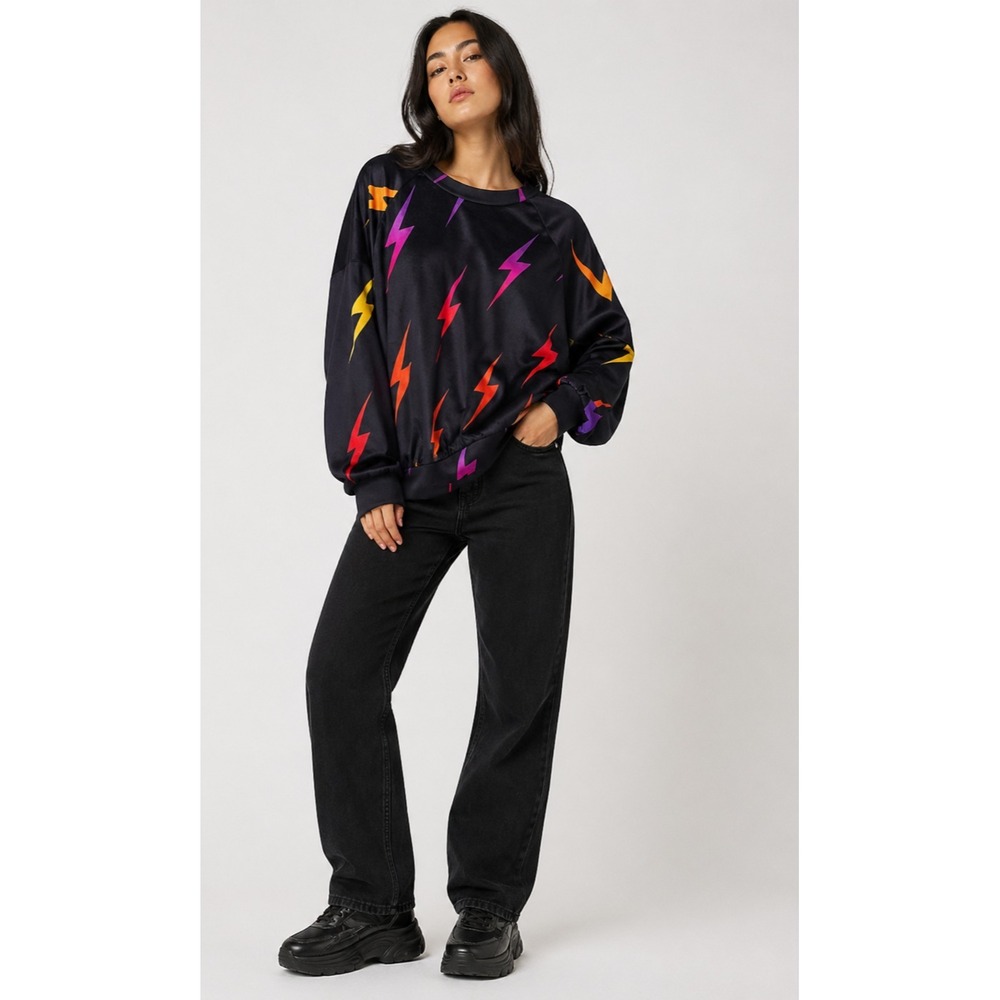 Aviator‎ Nation Crew Sweatshirt Womens Medium Black Velvet Ombre Lightning Bolt